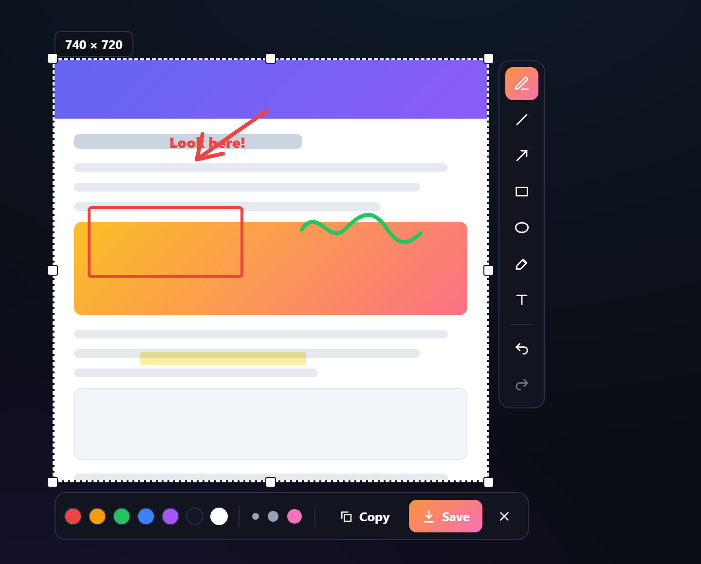 GeekCapture editor: a captured screenshot marked up with an arrow, a box, highlighter and text, with the tool rail and Save button.