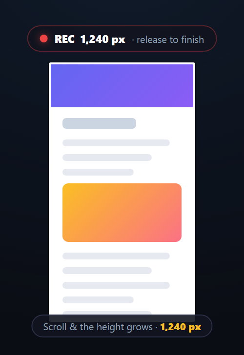 Scrolling capture in progress: a REC indicator and the growing captured height over a long page.